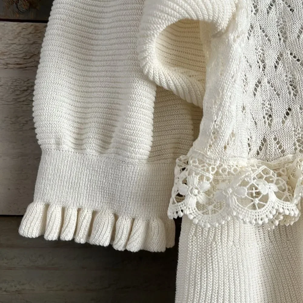 Zara Crochet Laced Knit Babydoll Top Size M Cream Short Sleeves